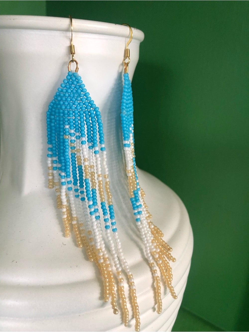 Handmade Turquoise, White & Gold Seed Bead Feather Fringe Earrings